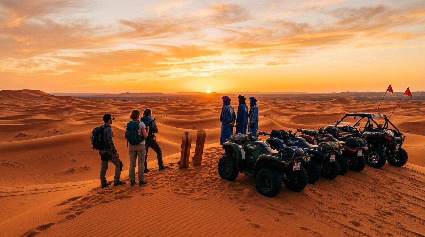 Desert tour group watching sunset with quads and sandboards