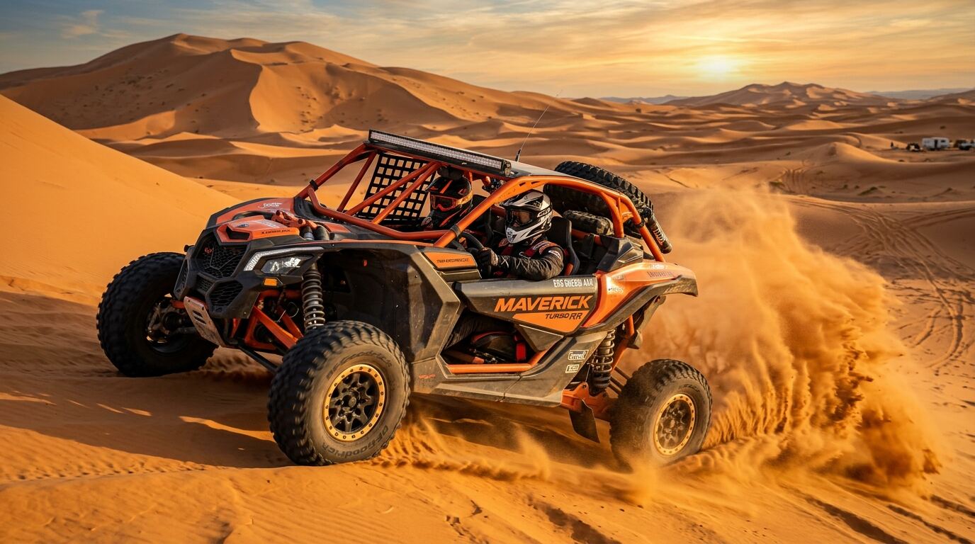 Off-road Can-Am Maverick buggy climbing the Erg Chebbi desert dunes
