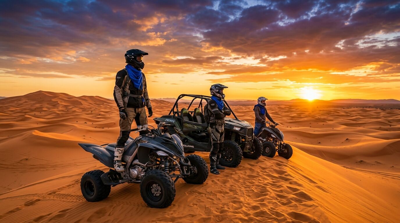 Quad and buggy riders on the dunes of Erg Chebbi near Merzouga at golden hour