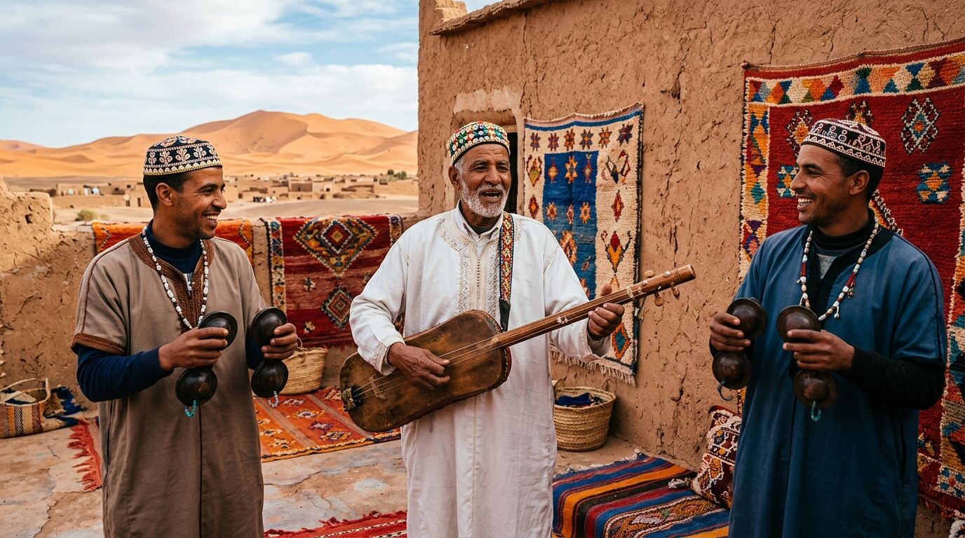 Gnawa musicians in Khamlia village playing the guembri and qraqeb iron castanets near Merzouga