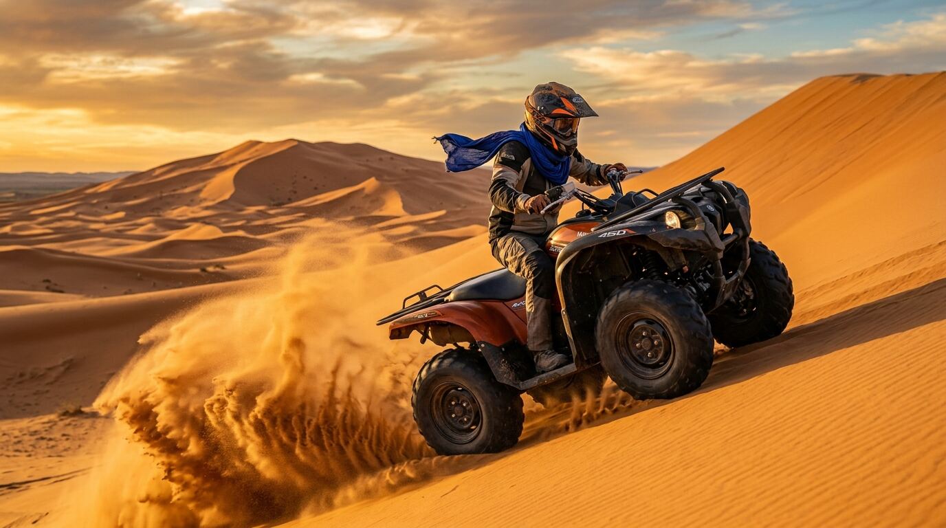 Rider on a Yamaha 450cc quad bike crossing a high sand dune near Merzouga