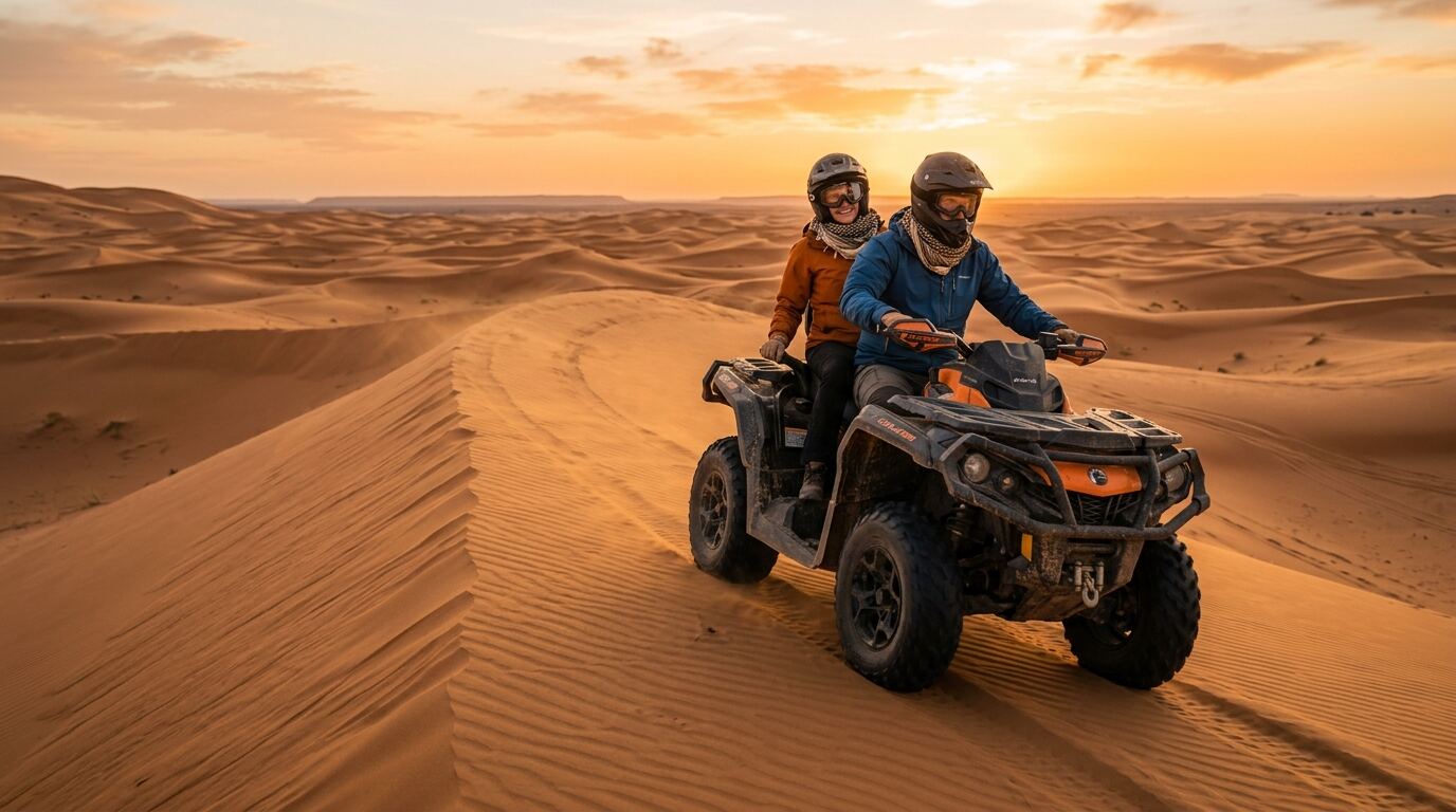 Two riders on a touring double quad crossing a sand dune ridge near Merzouga